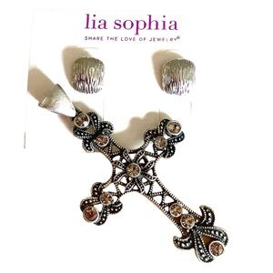 Lia Sophia Silver Cross Pendant and Earrings with Marcasite Gems
